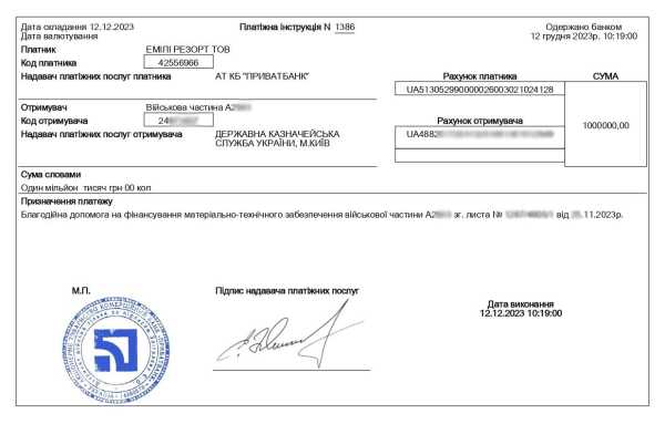 Григорій Козловський і Emily Resort перерахували 4 млн. грн. на ЗСУ3