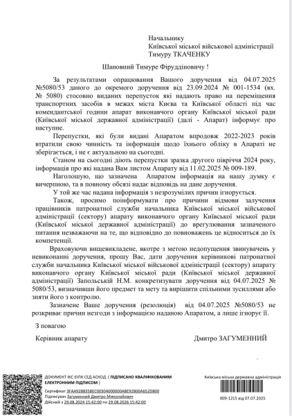 Начальник КМВА отримав перелік виданих перепусток для пересування у комендантську годину та пропозиції, як цифровізувати цей процес, ще у січні 2025 року– Дмитро Загуменний1