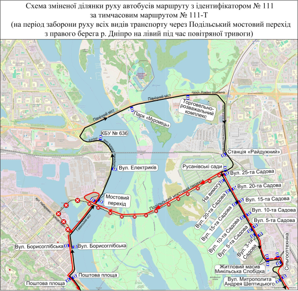 Із 20 жовтня під час повітряної тривоги автобуси, що курсують через Подільський мостовий перехід, змінюватимуть маршрути (+схеми)1